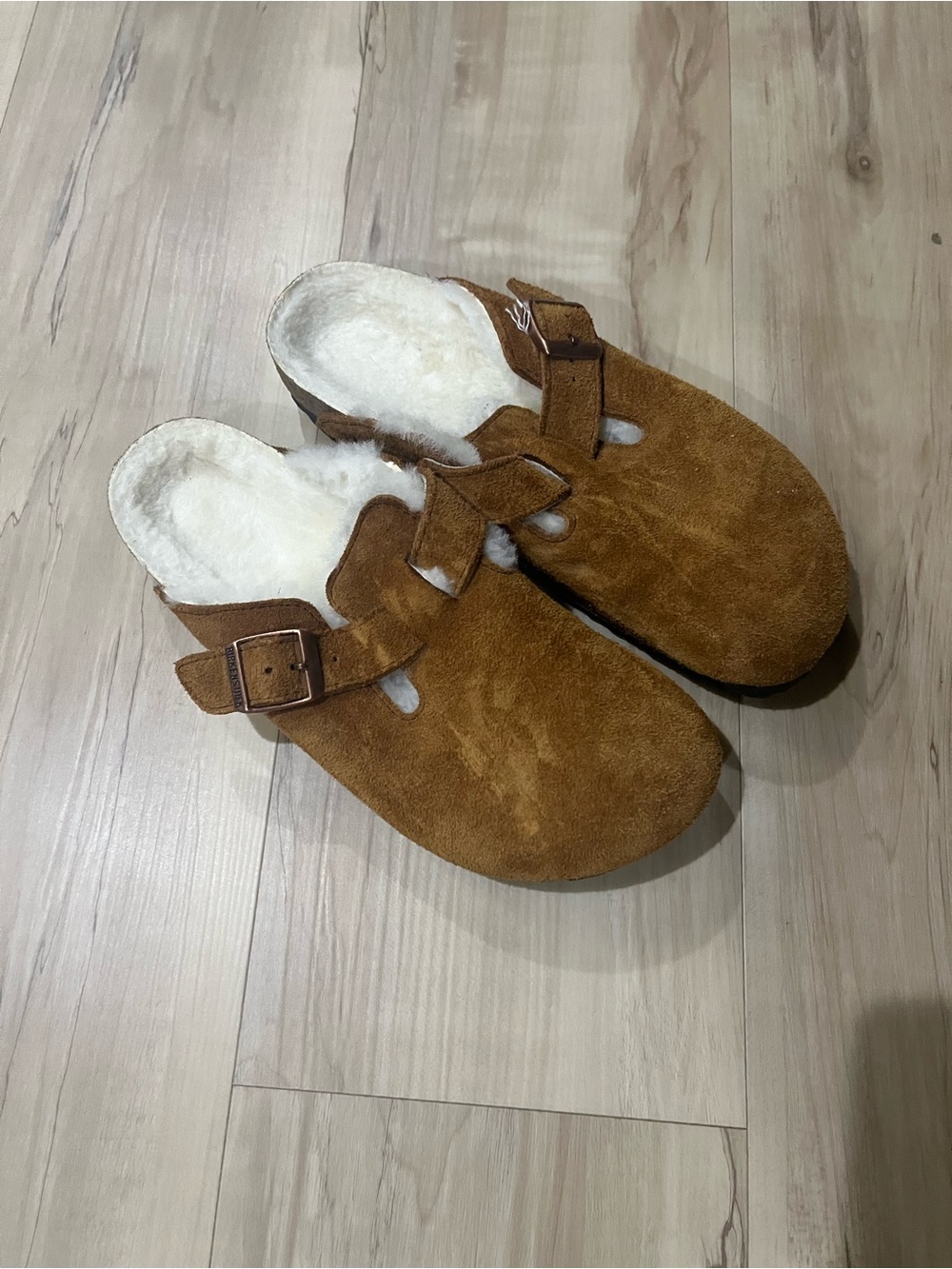 Birkenstock Suede Shearling-Lined Clogs in Chestnut Brown